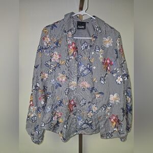 Nanette Lepore Floral Striped Blouse - Blue and White